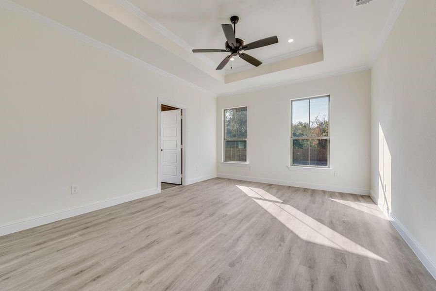 Owner's suite featuring ceiling fan, a raised ceiling, ornamental molding, and light wood-type flooring