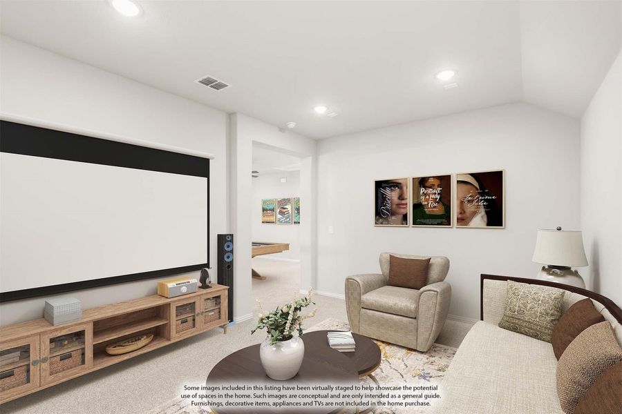 Media room with large projection screen, wood TV console, seating area, and movie posters on white walls