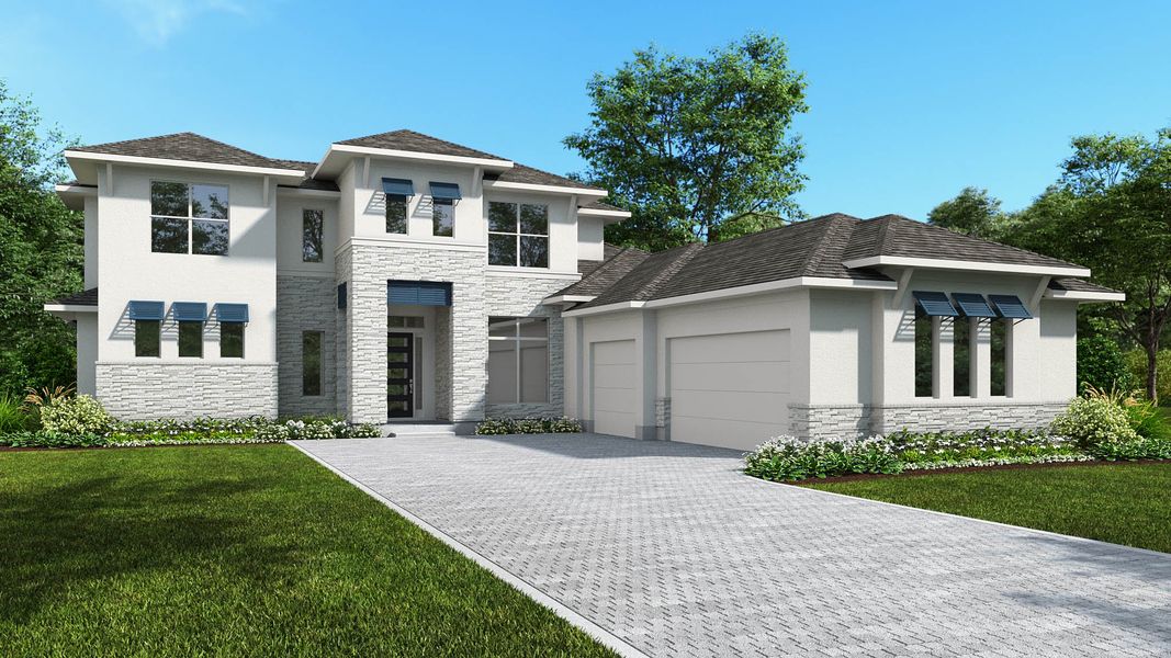 Representative exterior photo of a completed home built from the 3865F by Perry Homes in Star Farms At Lakewood Ranch 90', Lakewood Ranch, FL (Image 7). Representative exterior photo of a completed home built from the 3865F by Perry Homes in Star Farms At Lakewood Ranch 90', Lakewood Ranch, FL (Image 7).