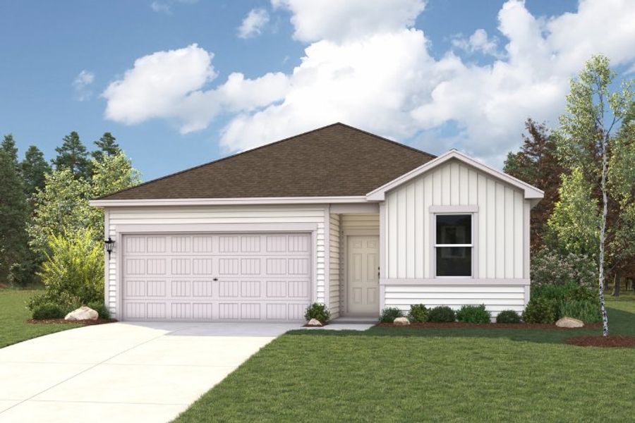 Front exterior of a new home in Stallion Run, Buda, TX, highlighting curb appeal (Image 1). Front exterior of a new home in Stallion Run, Buda, TX, highlighting curb appeal (Image 1).