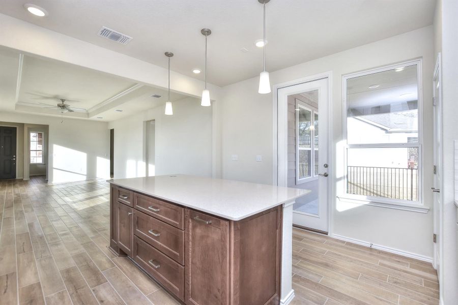 Kitchen with visible vents, wood tiled floor, decorative light fixtures, light countertops, and a tray ceiling