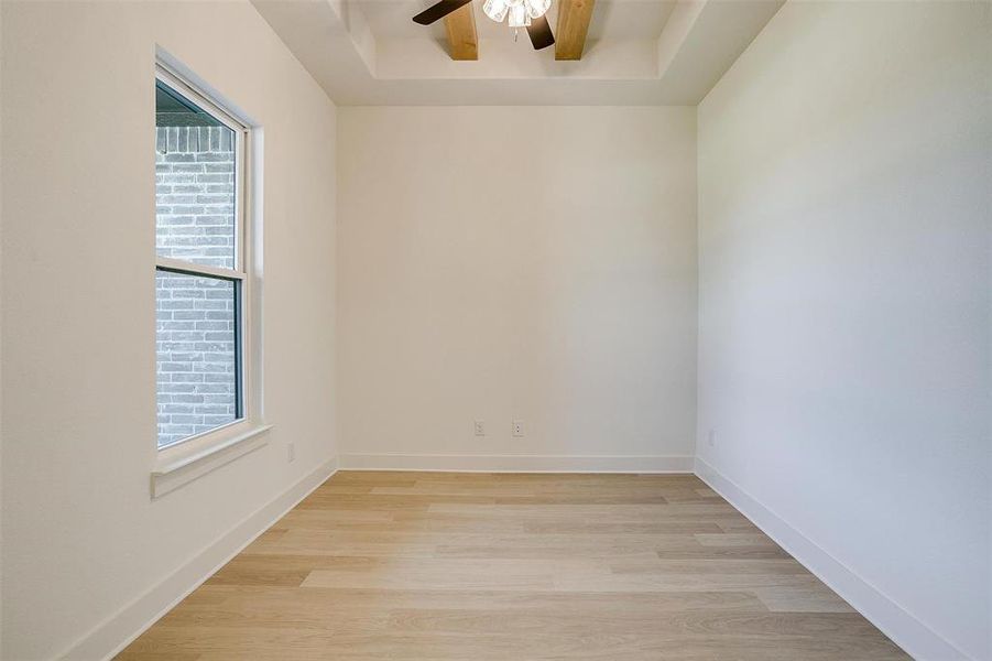 Unfurnished room with ceiling fan, a raised ceiling, and light wood-type flooring