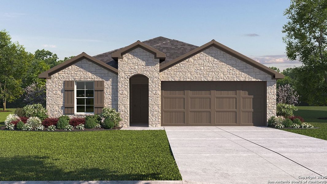 Front exterior of a new home in The Birch at Spencer Ranch, Boerne, TX, highlighting curb appeal (Image 1). Front exterior of a new home in The Birch at Spencer Ranch, Boerne, TX, highlighting curb appeal (Image 1).