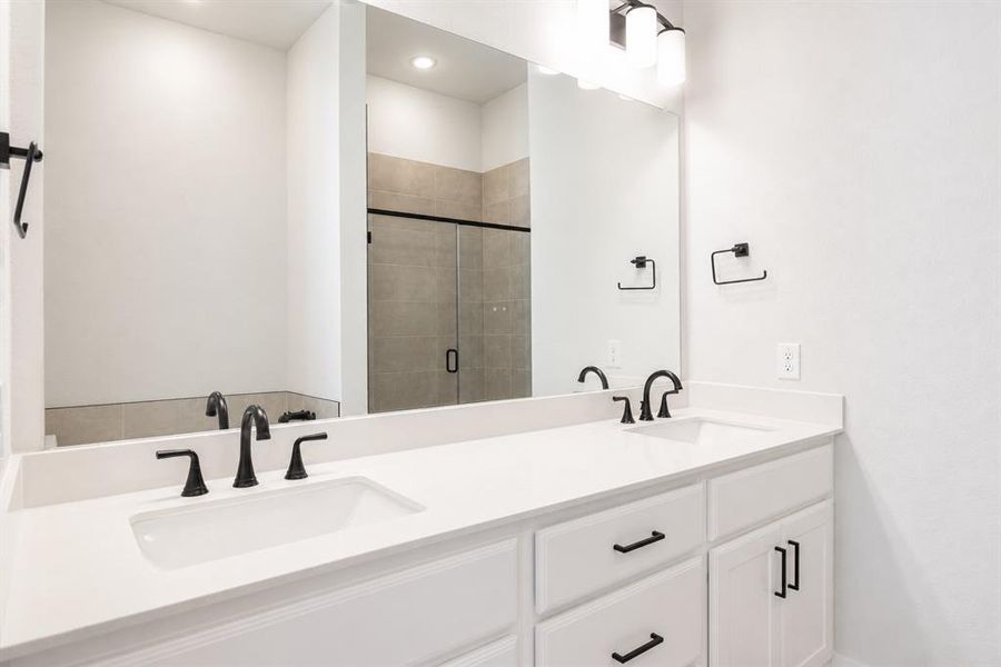 Dual vanity featuring white countertops, undermount sinks, and matte black fixtures