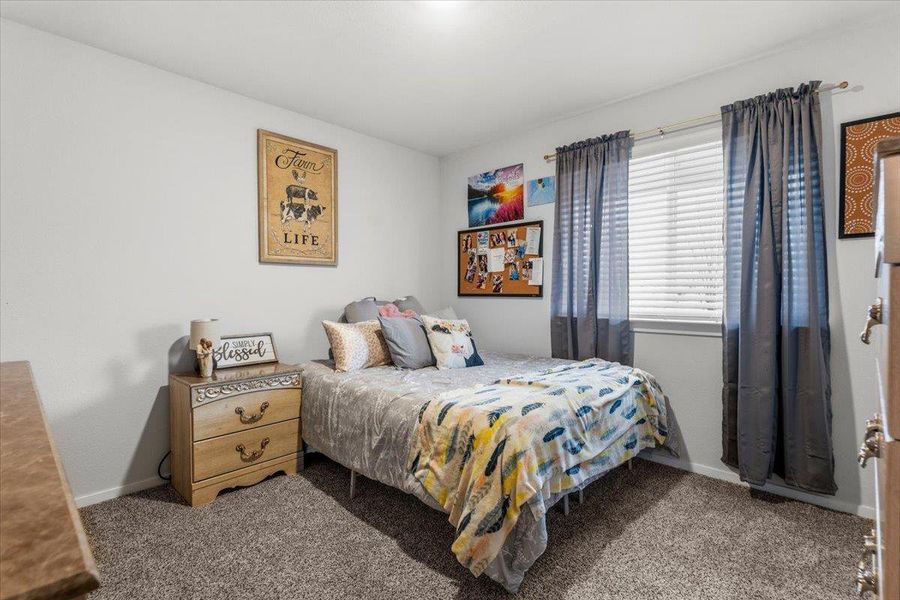 Bedroom with dark carpet