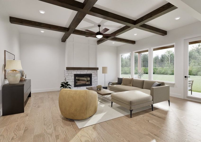 A modern living room with wooden ceiling beams, a white brick fireplace, L-shaped sofa, round beige ottoman, large windows, and light wood floor. A modern living room with wooden ceiling beams, a white brick fireplace, L-shaped sofa, round beige ottoman, large windows, and light wood floor.