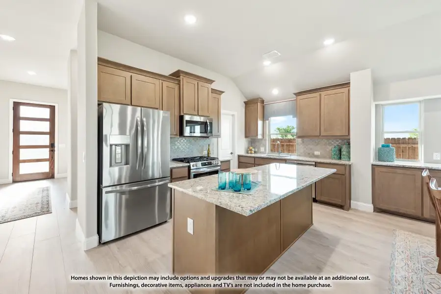 Kitchen with center island, granite countertops, stainless steel appliances, and medium brown cabinets with tile backsplash Kitchen with center island, granite countertops, stainless steel appliances, and medium brown cabinets with tile backsplash