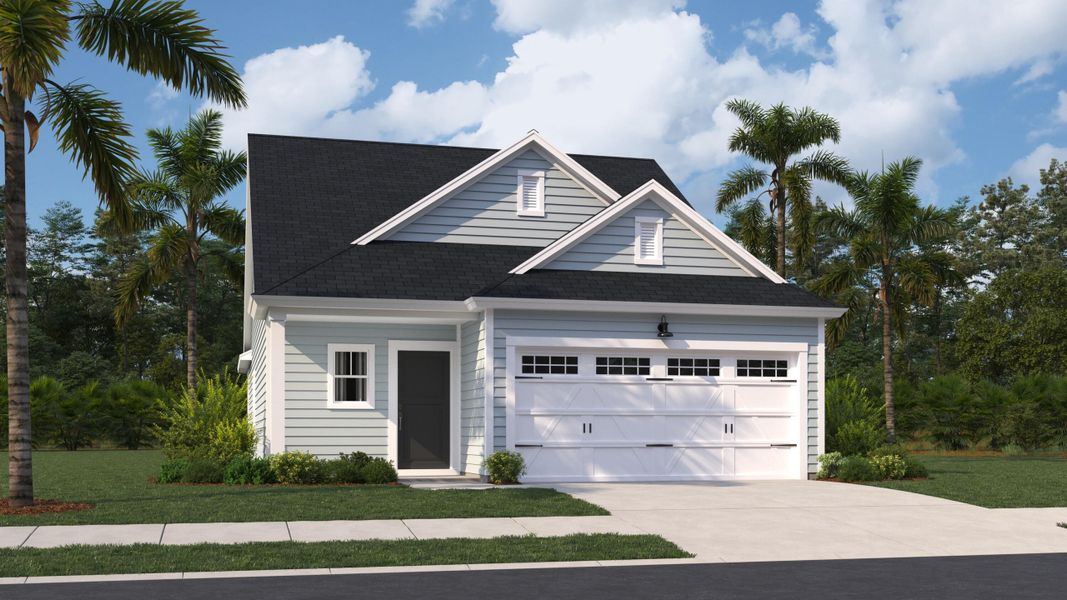 Front exterior of a new home in Horizons at Carnes Crossroads | 55+: Cottage Collection, Summerville, SC, highlighting curb appeal (Image 1). Front exterior of a new home in Horizons at Carnes Crossroads | 55+: Cottage Collection, Summerville, SC, highlighting curb appeal (Image 1).
