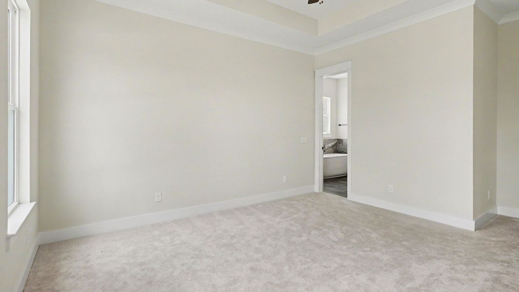 Primary suite with tray ceiling, ceiling fan, and carpet Primary suite with tray ceiling, ceiling fan, and carpet