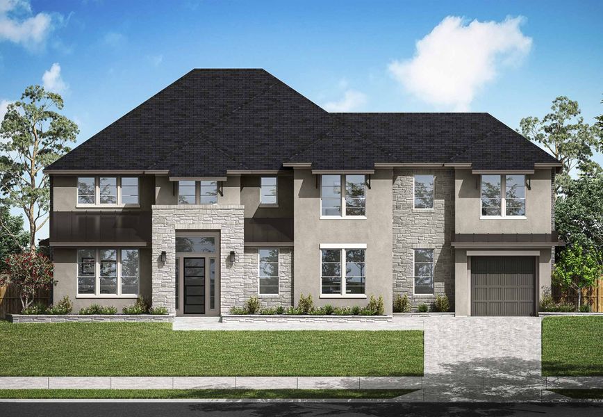 Front exterior of a new home in Dunham Pointe 80′, Cypress, TX, highlighting curb appeal (Image 24). Front exterior of a new home in Dunham Pointe 80′, Cypress, TX, highlighting curb appeal (Image 24).