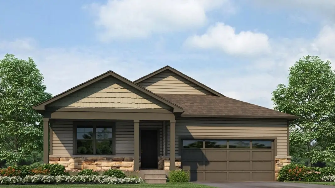 Front exterior of a new home in Settlers Crossing, Commerce City, CO, highlighting curb appeal (Image 2).