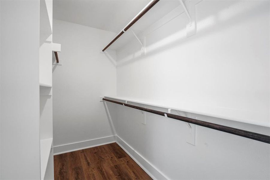 Walk in closet featuring dark wood finished floors