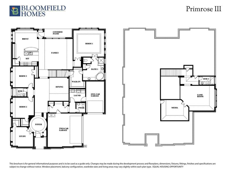Bloomfield Homes Primrose III floor plan showing two-story layout with three bedrooms, family room, dining, and game room.