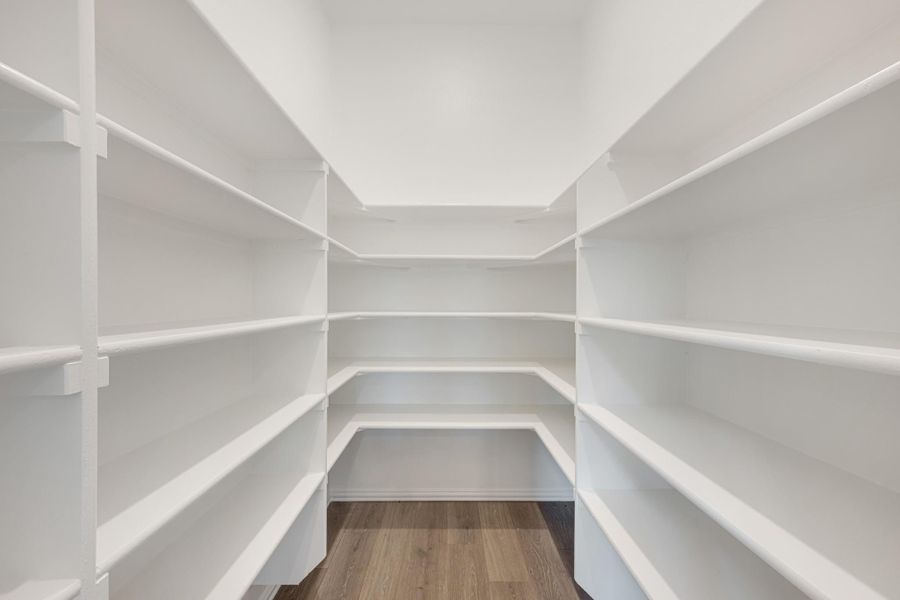 Walk-in pantry with white wrap-around shelving and dark hardwood floors Walk-in pantry with white wrap-around shelving and dark hardwood floors