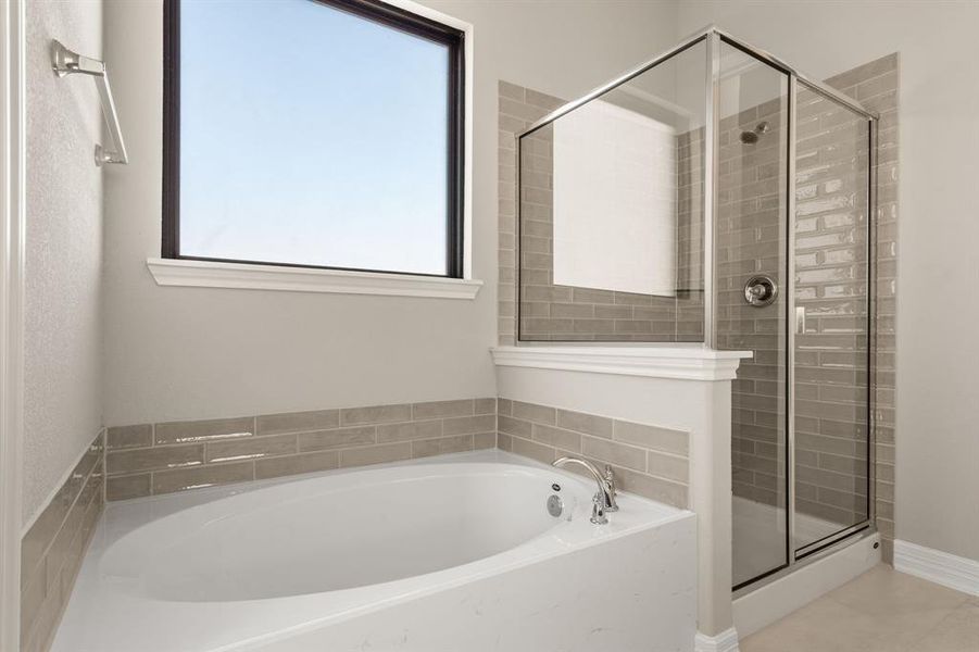 This additional view of your primary bathroom features tile flooring, fresh paint, walk-in shower, a separate garden tub, and a large walk-in closet.