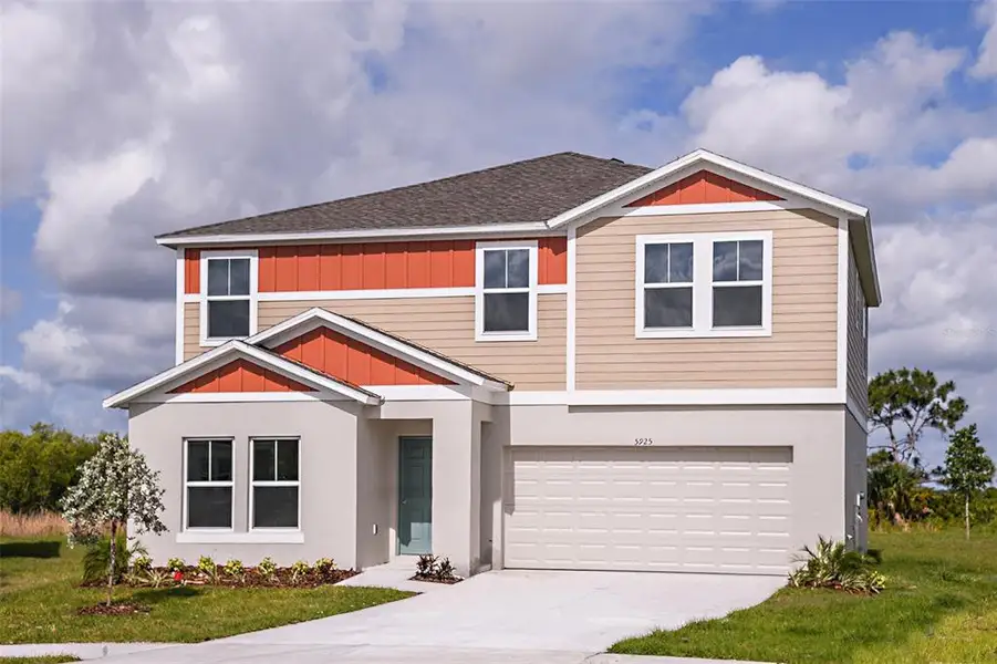 Front exterior of a new home in Lawson Dunes, Haines City, FL, highlighting curb appeal (Image 1). Front exterior of a new home in Lawson Dunes, Haines City, FL, highlighting curb appeal (Image 1).