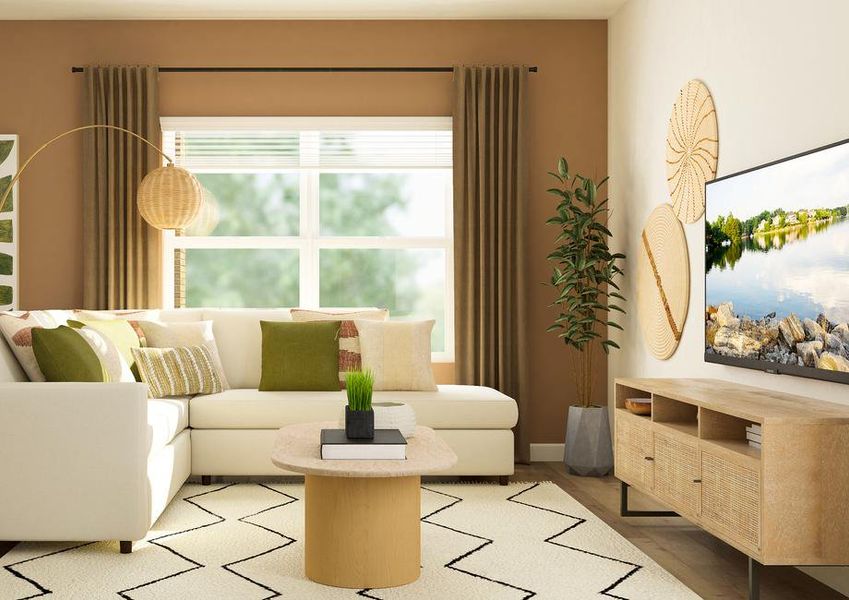 Rendering of living room that  is furnished with a large white sectional and a brown console.