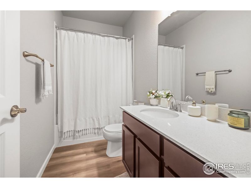 Large hall bath with tub/shower combo. Large hall bath with tub/shower combo.