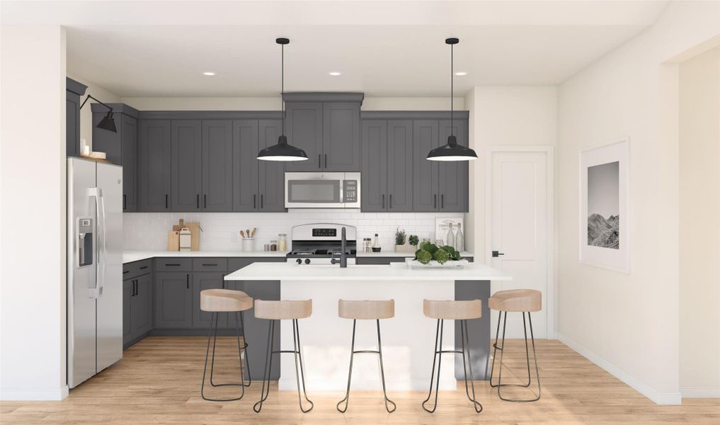 Lovely island kitchen with grey cabinets and quartz countertops (*Artist rendering used for illustration purposes only.)