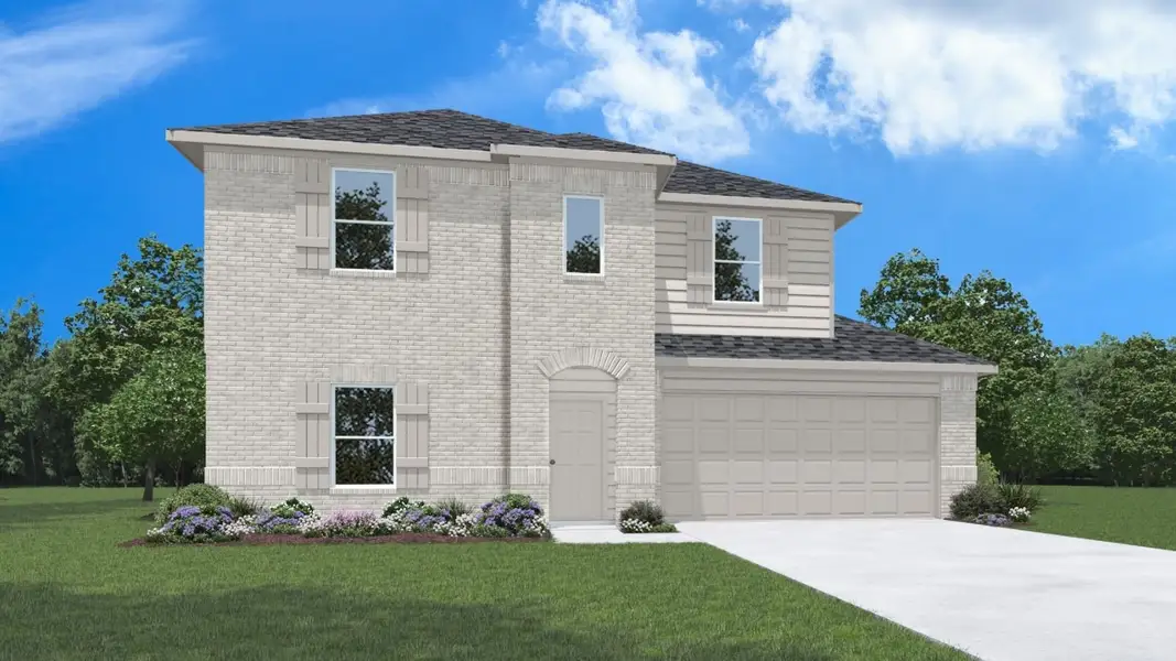 Front exterior of a new home in Harrington Trails at The Canopies, Splendora, TX, highlighting curb appeal (Image 1). Front exterior of a new home in Harrington Trails at The Canopies, Splendora, TX, highlighting curb appeal (Image 1).