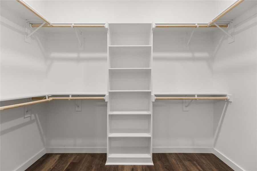 Spacious closet featuring dark wood-style floors