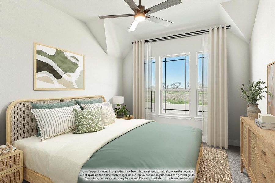 Bedroom with vaulted ceiling, ceiling fan, large windows, and wood dresser Bedroom with vaulted ceiling, ceiling fan, large windows, and wood dresser
