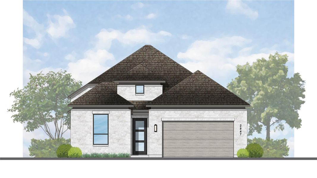 Front exterior of a new home in 6 Creeks at Waterridge: 55ft. lots, Kyle, TX, highlighting curb appeal (Image 1). Front exterior of a new home in 6 Creeks at Waterridge: 55ft. lots, Kyle, TX, highlighting curb appeal (Image 1).