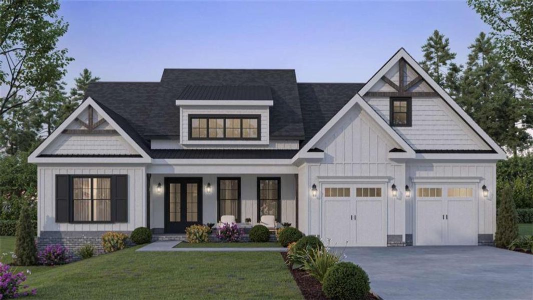 Front exterior of a new home in , Flowery Branch, GA, highlighting curb appeal (Image 1).