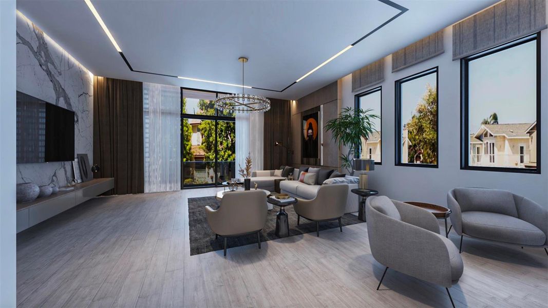 This spacious, modern living room features sleek, contemporary furniture and large windows that offer plenty of natural light. The open layout is complemented by a stylish chandelier, a marble accent wall with a mounted TV, and elegant flooring. Perfect for entertaining or relaxing. Virtually staged. This spacious, modern living room features sleek, contemporary furniture and large windows that offer plenty of natural light. The open layout is complemented by a stylish chandelier, a marble accent wall with a mounted TV, and elegant flooring. Perfect for entertaining or relaxing. Virtually staged.