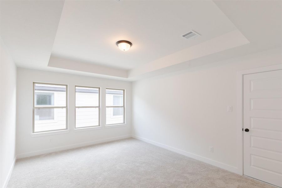 Bright, spacious game room with plush carpeting and a tray ceiling
