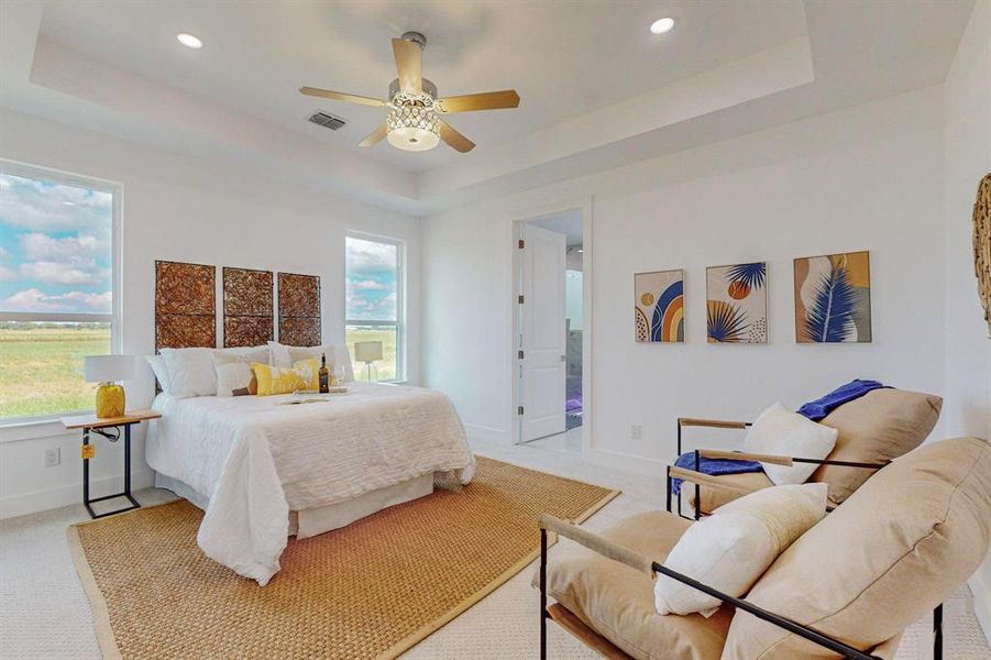 Carpeted bedroom with a raised ceiling, ensuite bathroom, and ceiling fan