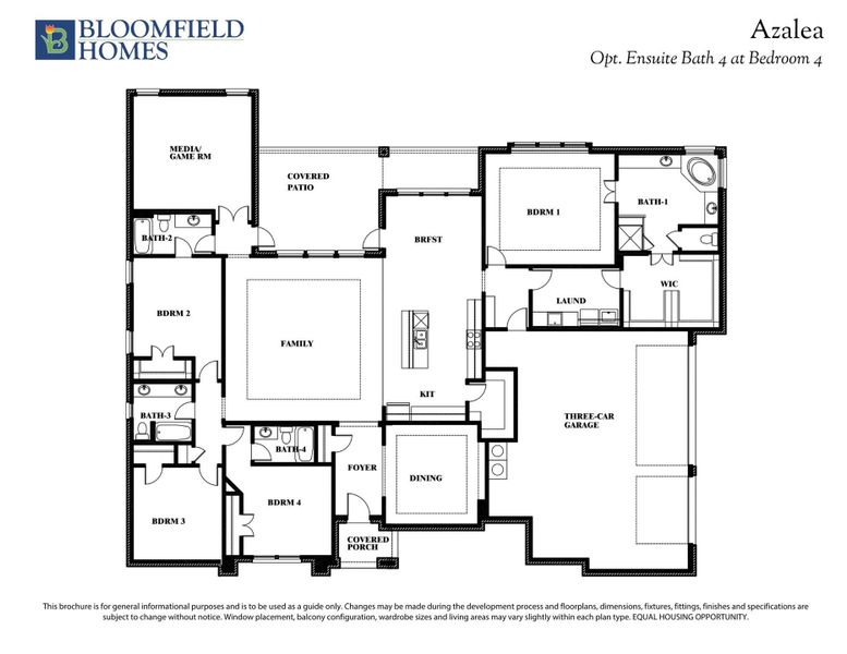 Bloomfield Homes Azalea floor plan with four bedrooms, four bathrooms, family room, kitchen, and three-car garage. Bloomfield Homes Azalea floor plan with four bedrooms, four bathrooms, family room, kitchen, and three-car garage.