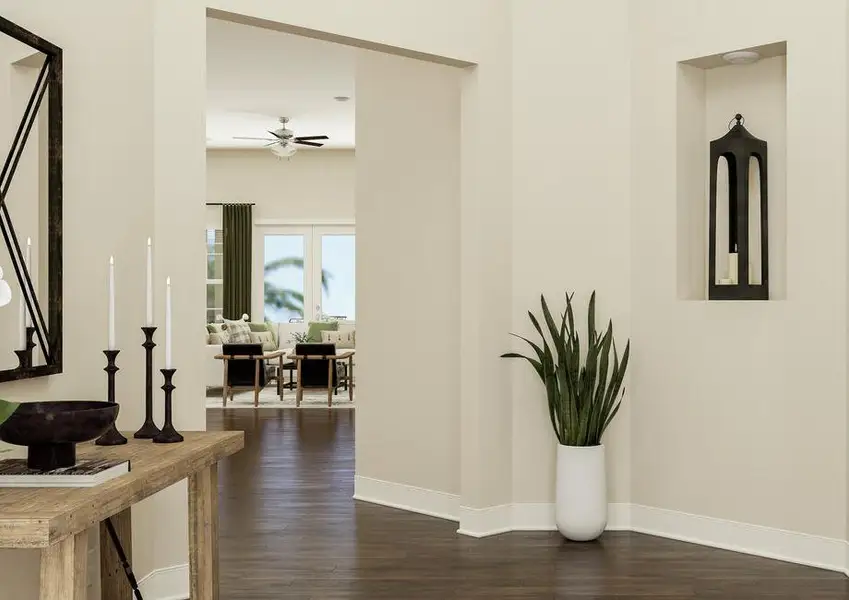 Rendering of entryway showing an entryway
  table and dÃ©cor on left, and a view into living area center with wood look
  flooring throughout.