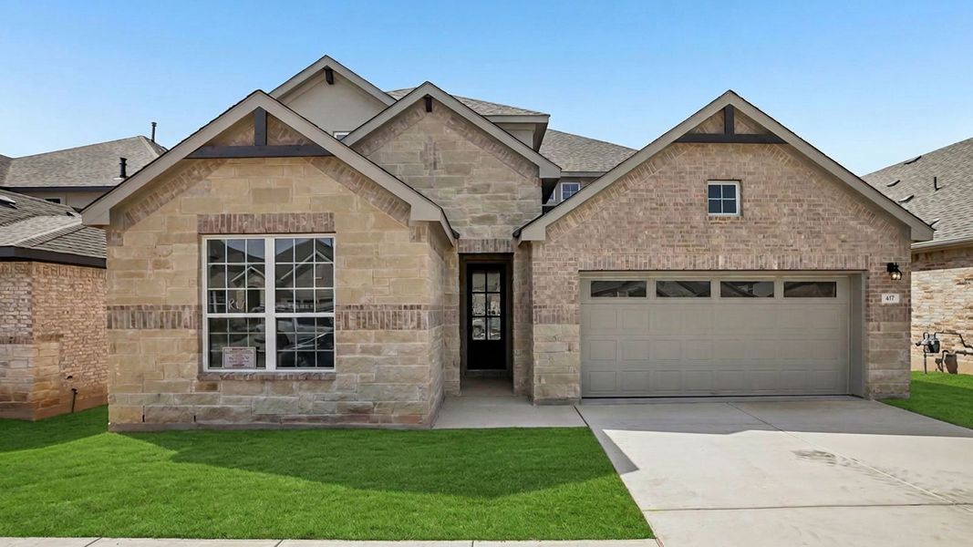 Front exterior of a new home in Rosenbusch Ranch, Leander, TX, highlighting curb appeal (Image 2).