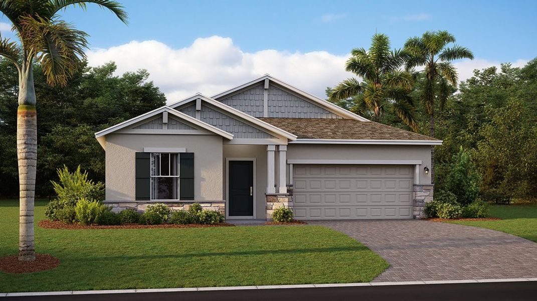 Front exterior of a new home in Bridgewalk, St. Cloud, FL, highlighting curb appeal (Image 1). Front exterior of a new home in Bridgewalk, St. Cloud, FL, highlighting curb appeal (Image 1).