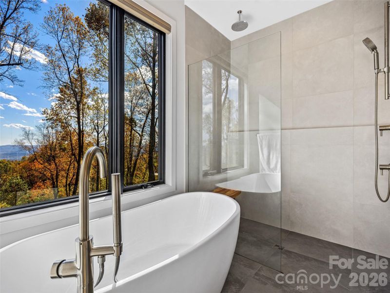 Soaking tub and shower in the primary bath suite. Bath in those views! Soaking tub and shower in the primary bath suite. Bath in those views!