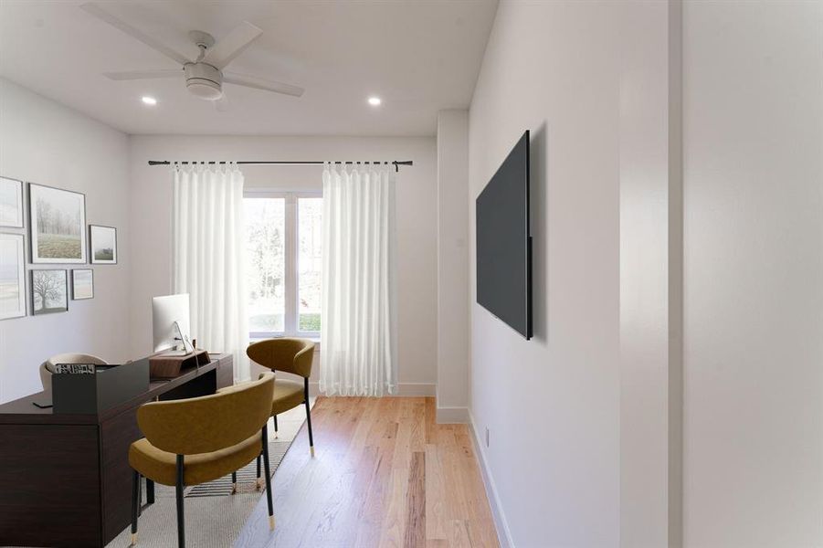 Living area with ceiling fan and light wood-type flooring