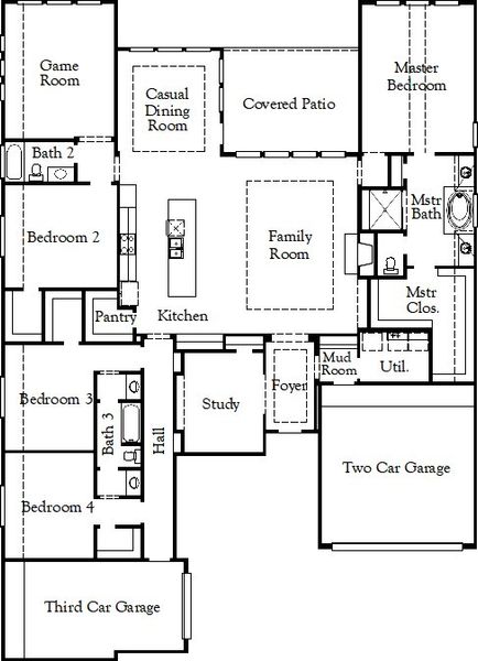 2D floor plan layout for the Crockett - Single Family Homes by Coventry Homes in Palmera Ridge, Leander, TX (Image 3).