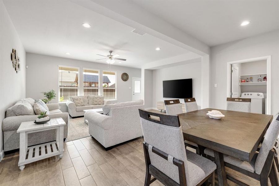 Dining room featuring recessed lighting, light wood-style flooring, and ceiling fan