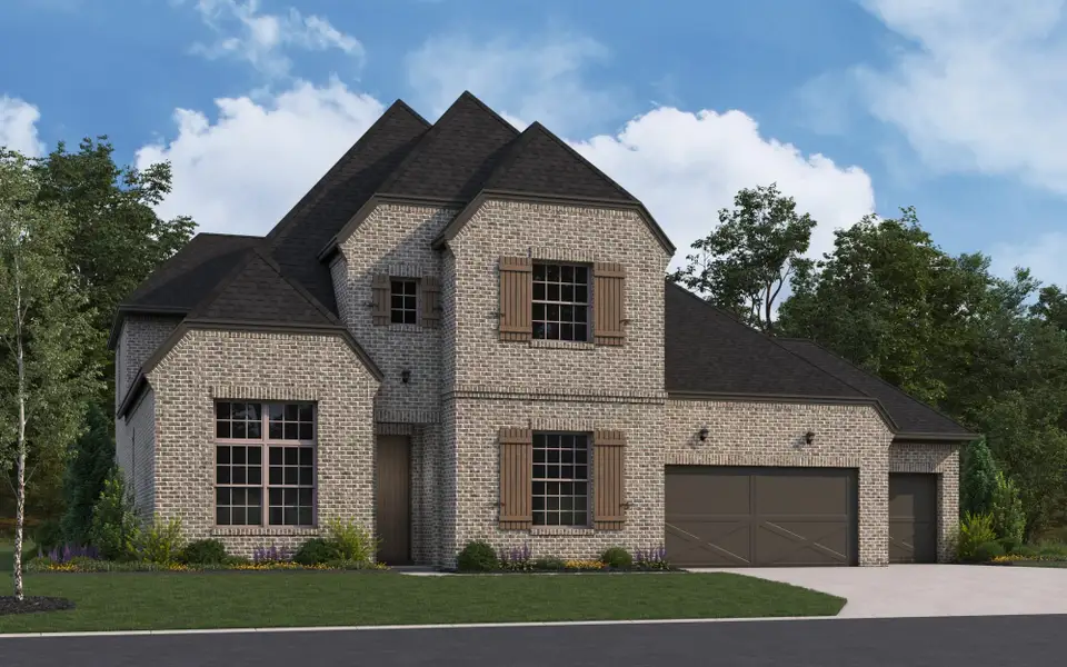 Representative exterior photo of a completed home built from the 5071 by Tradition Homes in Mosaic – 70′ Lots, Prosper, TX (Image 2). Representative exterior photo of a completed home built from the 5071 by Tradition Homes in Mosaic – 70′ Lots, Prosper, TX (Image 2).