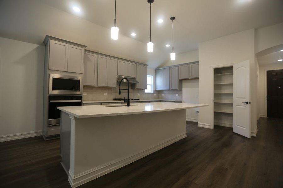 Kitchen featuring a central island with countertop, light gray cabinetry, stainless steel appliances, dark wood-finish flooring, and pantry with shelving