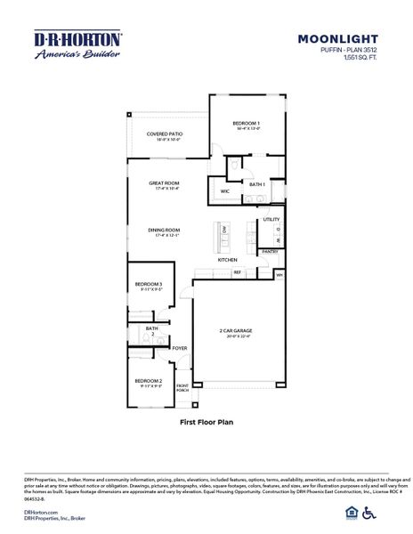 2D floor plan layout for the Puffin by D.R. Horton in Moonlight, Maricopa, AZ (Image 5).
