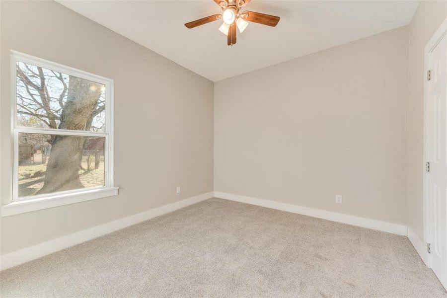 Carpeted spare room with ceiling fan and a wealth of natural light