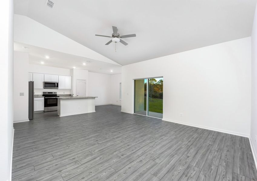 Family room with an adjoining chef-ready kitchen