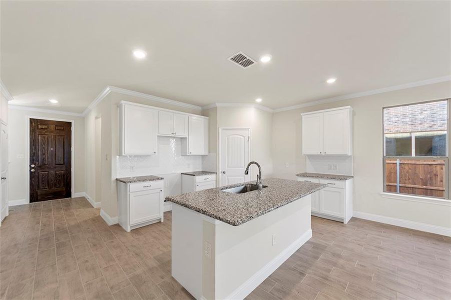 Kitchen with light stone counters, white cabinetry, sink, and a kitchen island with sink