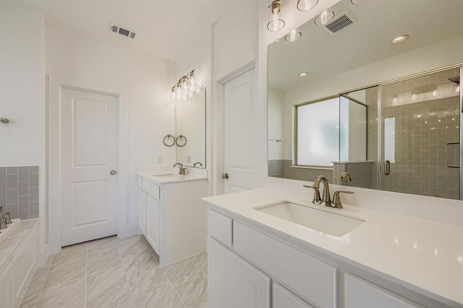 Bathroom with two vanities, a shower stall, and a tub Bathroom with two vanities, a shower stall, and a tub