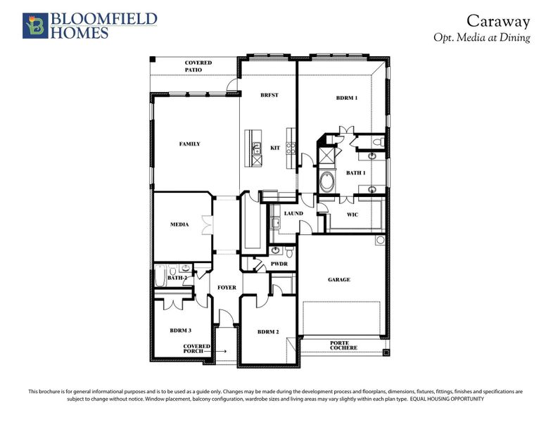 Bloomfield Homes Caraway floor plan with three bedrooms, family room, media room, and two-car garage with porte cochere. Bloomfield Homes Caraway floor plan with three bedrooms, family room, media room, and two-car garage with porte cochere.