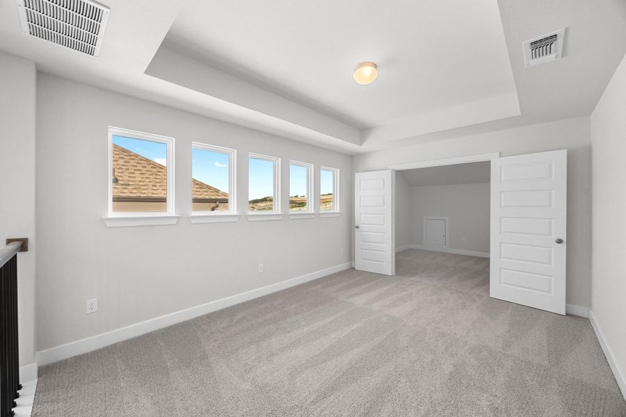 Unfurnished bedroom featuring a raised ceiling and carpet flooring