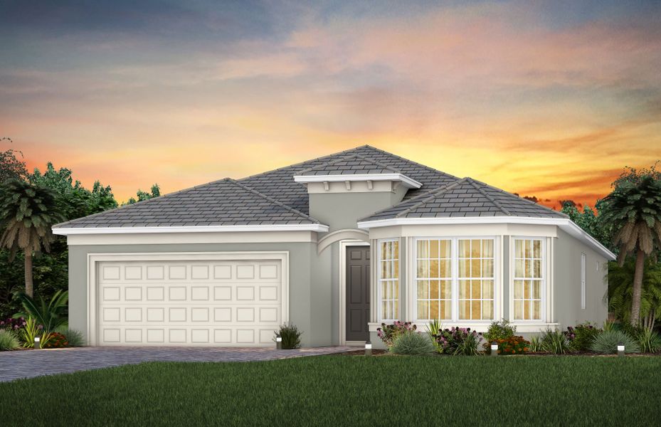 Front exterior of a new home in Del Webb Oak Creek, Fort Myers, FL, highlighting curb appeal (Image 32).