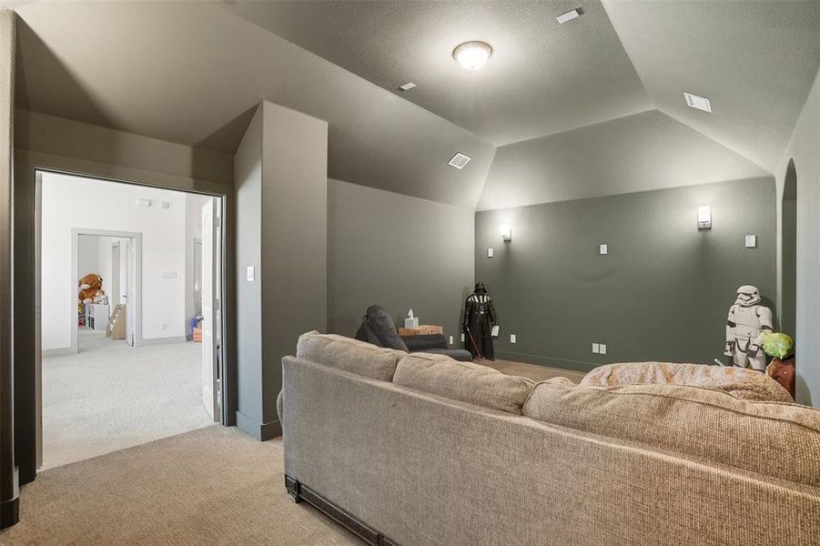 Carpeted cinema room with vaulted ceiling and a textured ceiling Carpeted cinema room with vaulted ceiling and a textured ceiling